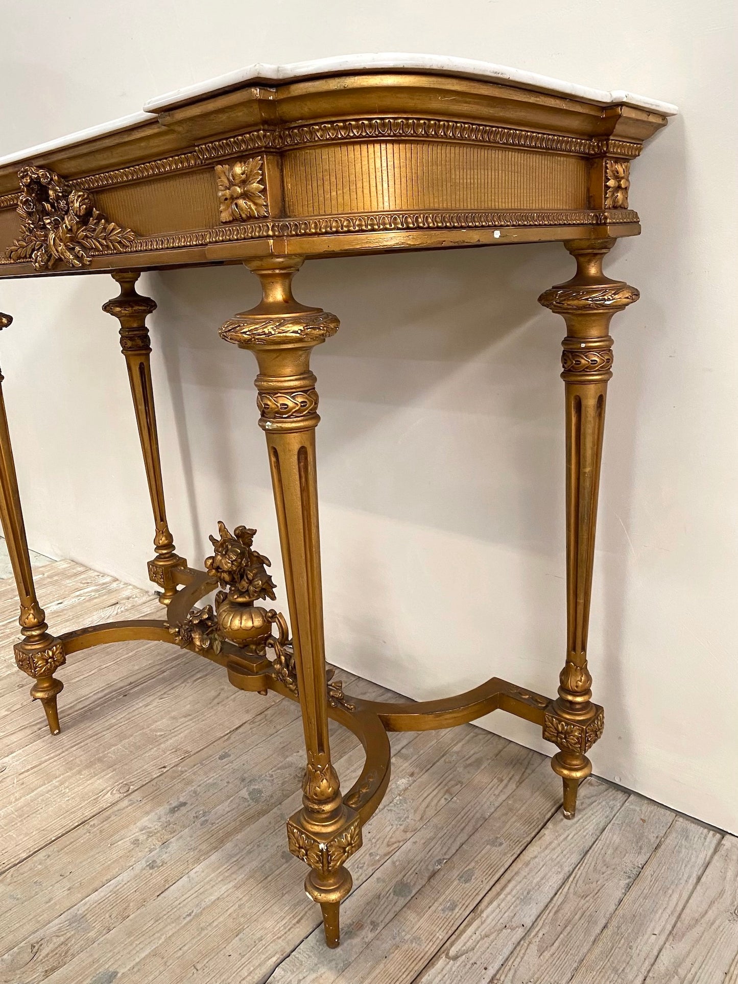 Antique French Louis XVI Gilt & White Marble Console Table