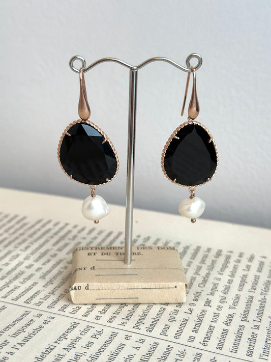 Italian Large Black Agate Teardrop Earrings With Pearl And Hook Back