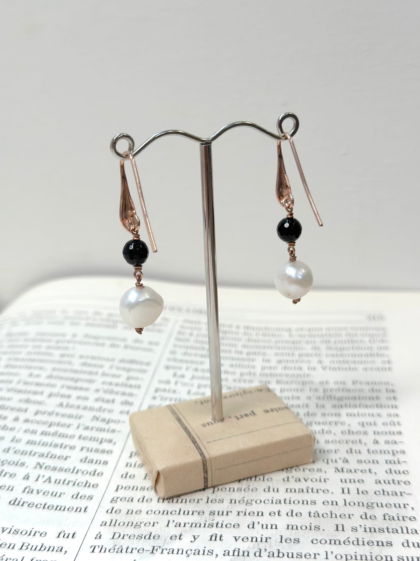 Italian Black Agate And Pearl Earrings
