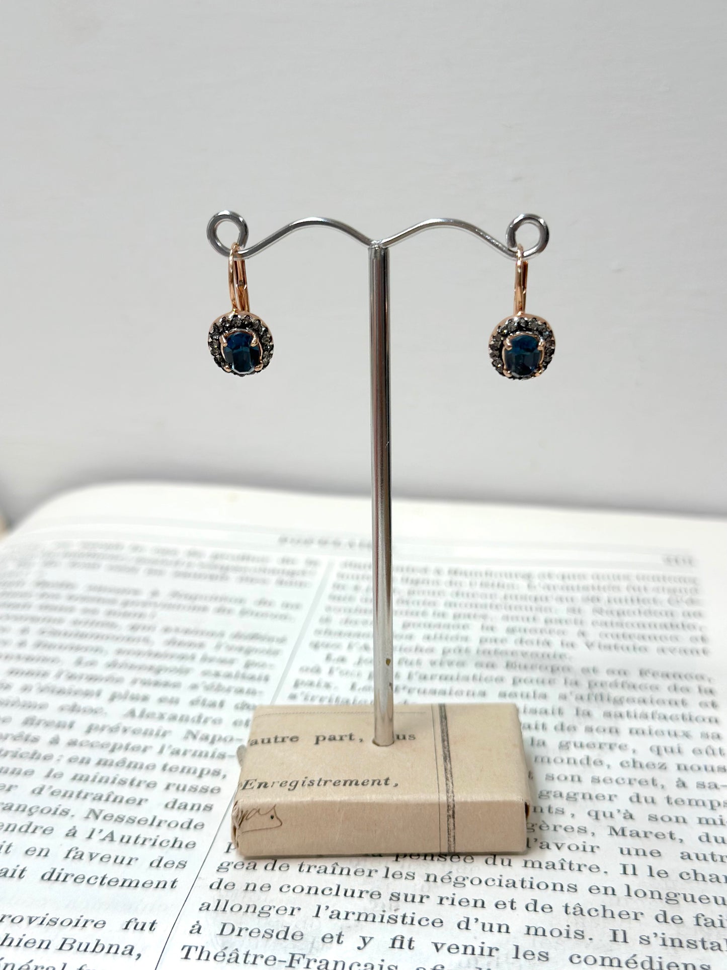 Italian Small Rose Gold Earrings With Dark Blue Crystal Centre