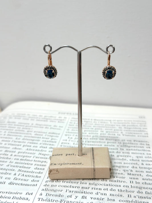 Italian Small Rose Gold Earrings With Dark Blue Crystal Centre