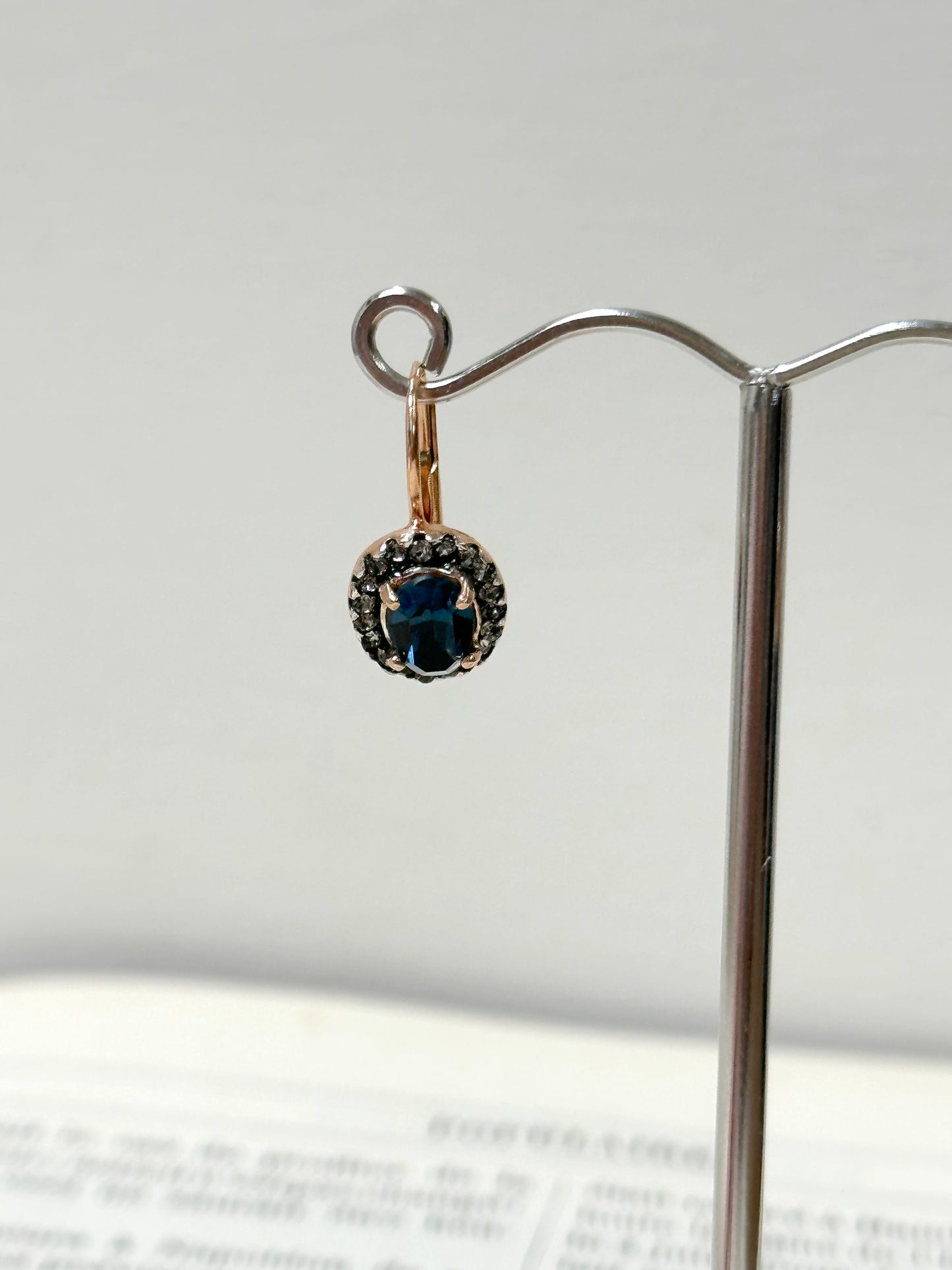 Italian Small Rose Gold Earrings With Dark Blue Crystal Centre