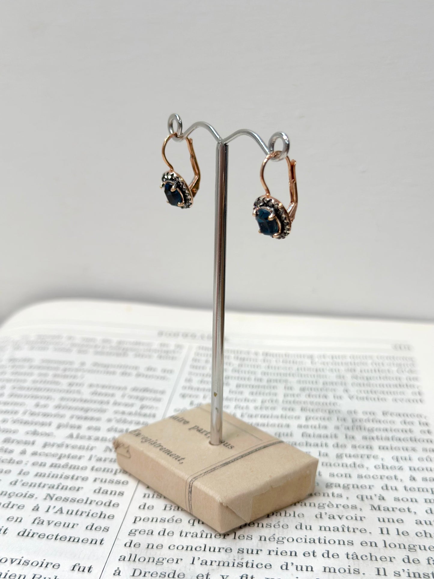 Italian Small Rose Gold Earrings With Dark Blue Crystal Centre