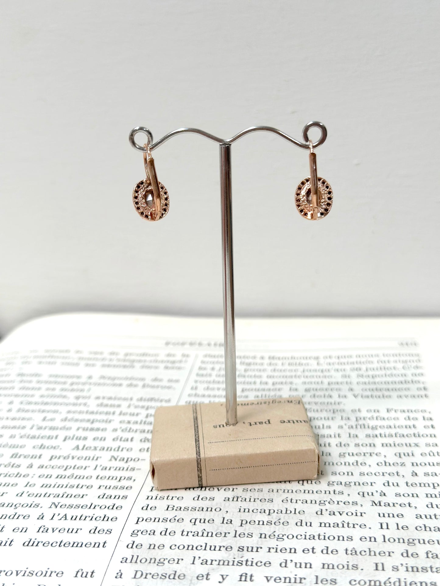 Italian Small Rose Gold Earrings With Dark Blue Crystal Centre