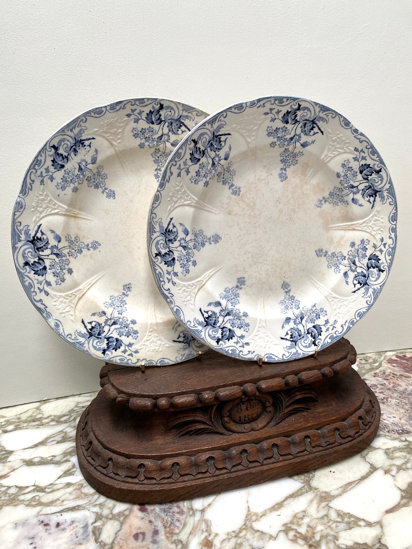 Antique French Blue Floral 'Joinville Longwy' Side Plates - Pair