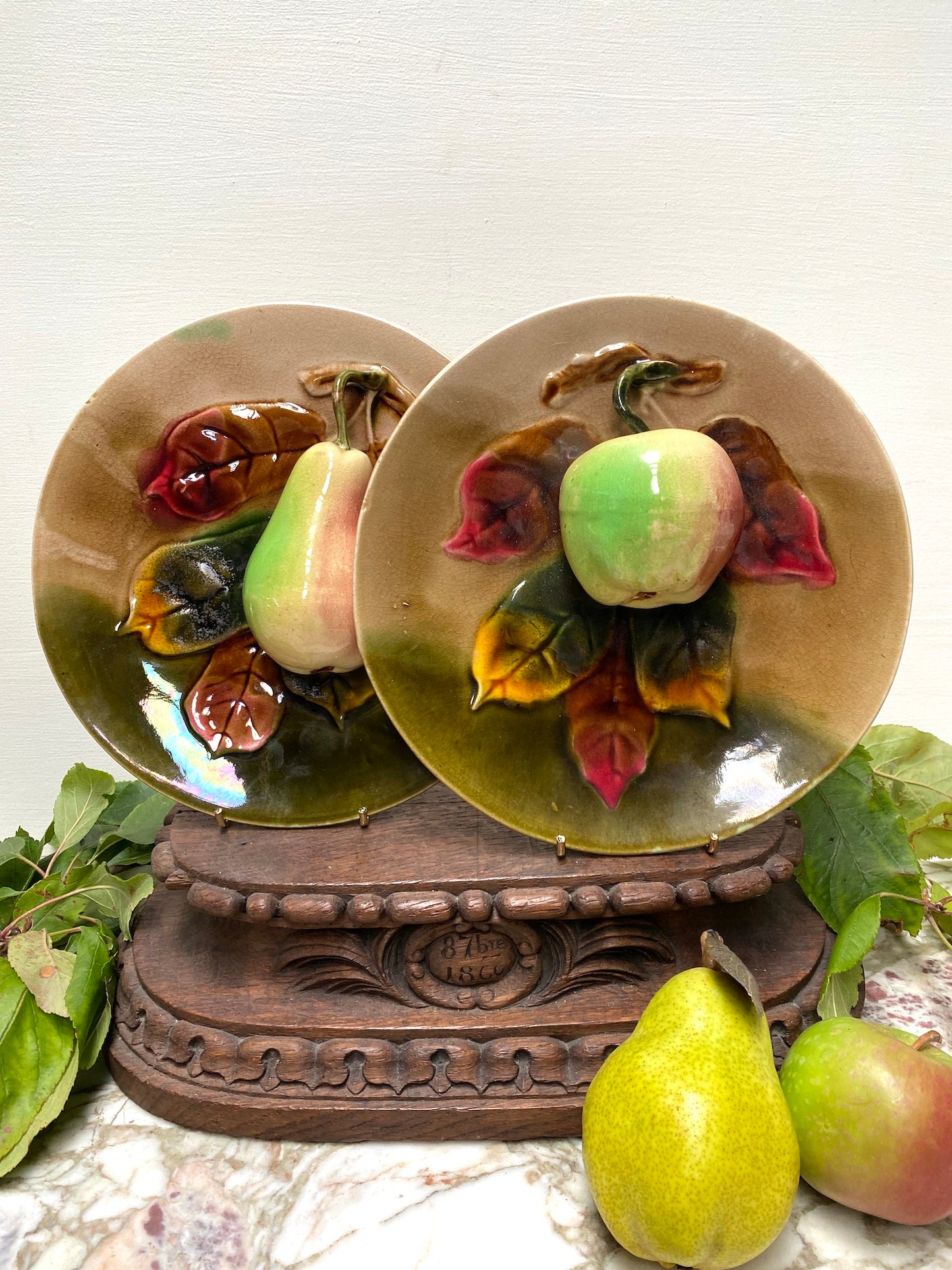 Antique French Barbotine Pear & Apple Plates - I