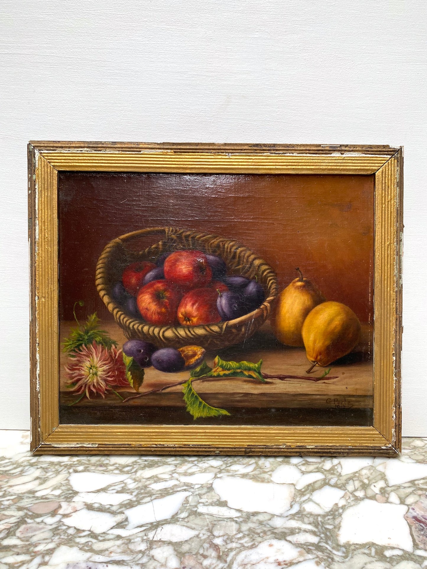 Antique French Still Life Painting - Autumn Fruit Harvest in Basket