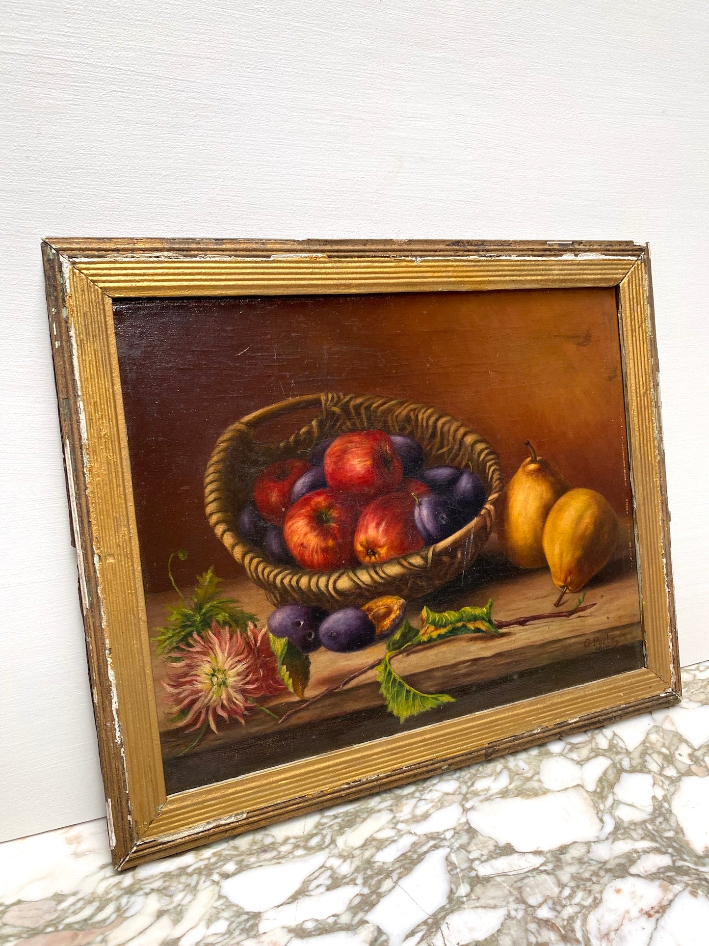 Antique French Still Life Painting - Autumn Fruit Harvest in Basket
