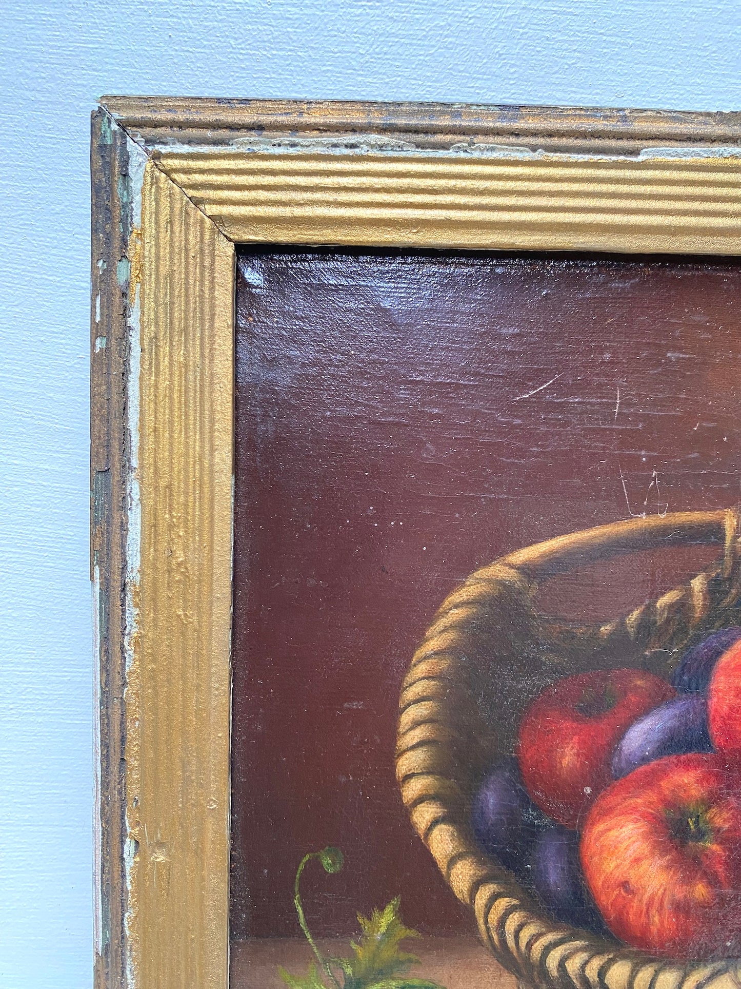 Antique French Still Life Painting - Autumn Fruit Harvest in Basket