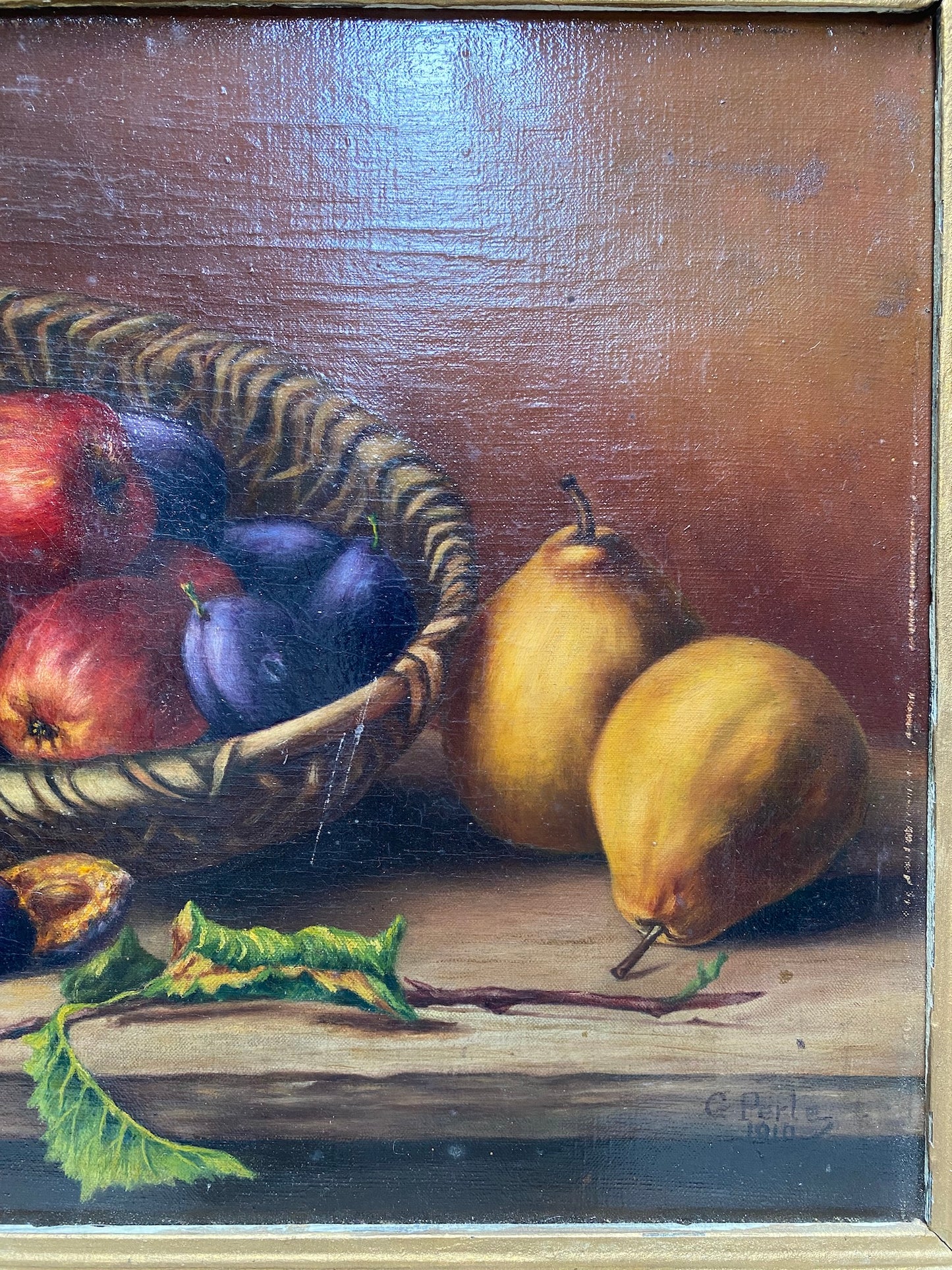 Antique French Still Life Painting - Autumn Fruit Harvest in Basket