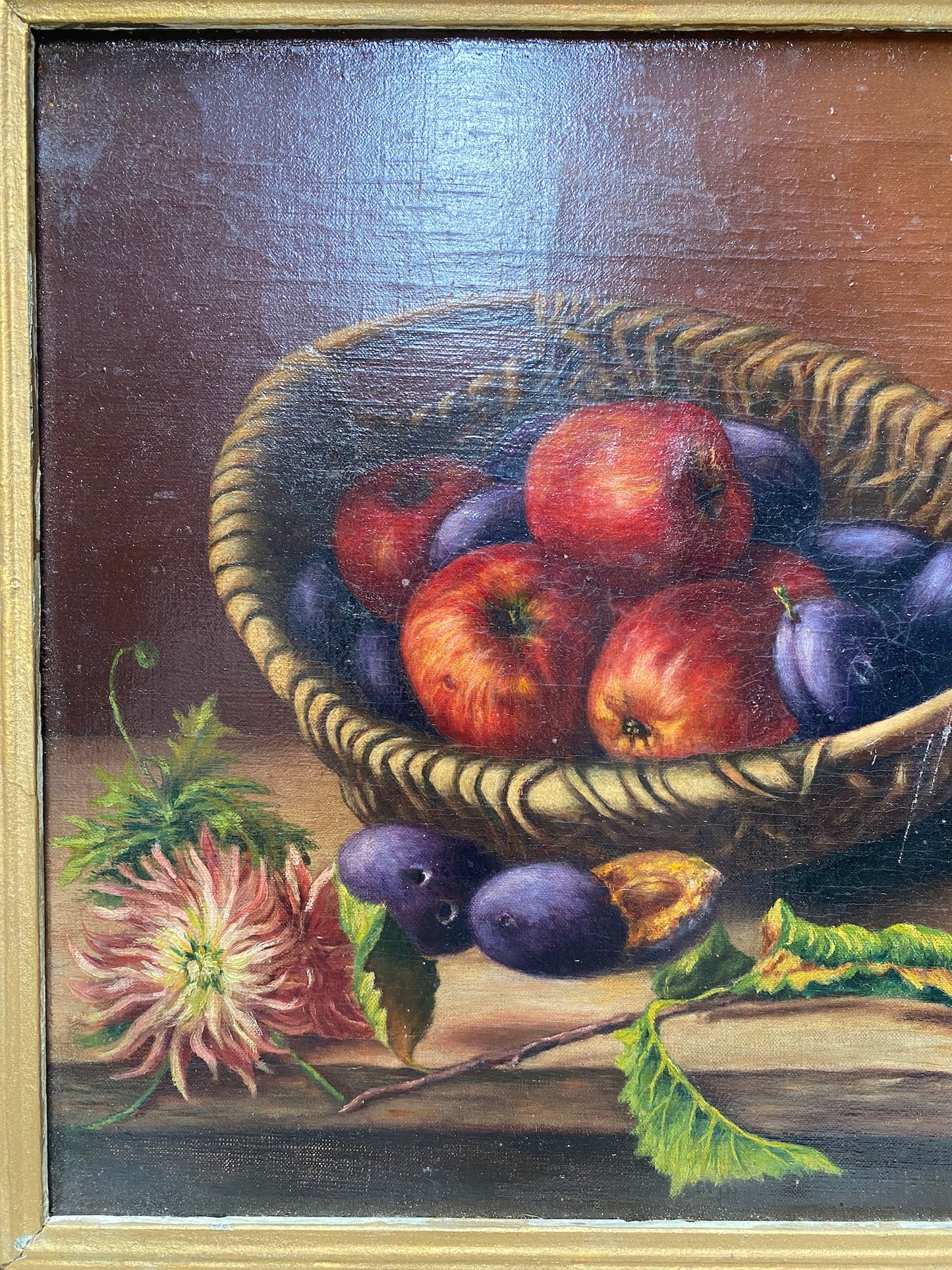 Antique French Still Life Painting - Autumn Fruit Harvest in Basket