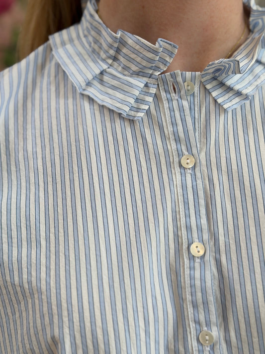 Minina Button Up Cotton Shirt With Frill Collar - White And Blue Stripe