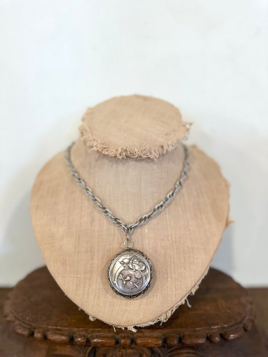 Antique French Silver Necklace With Mirror Compact Locket