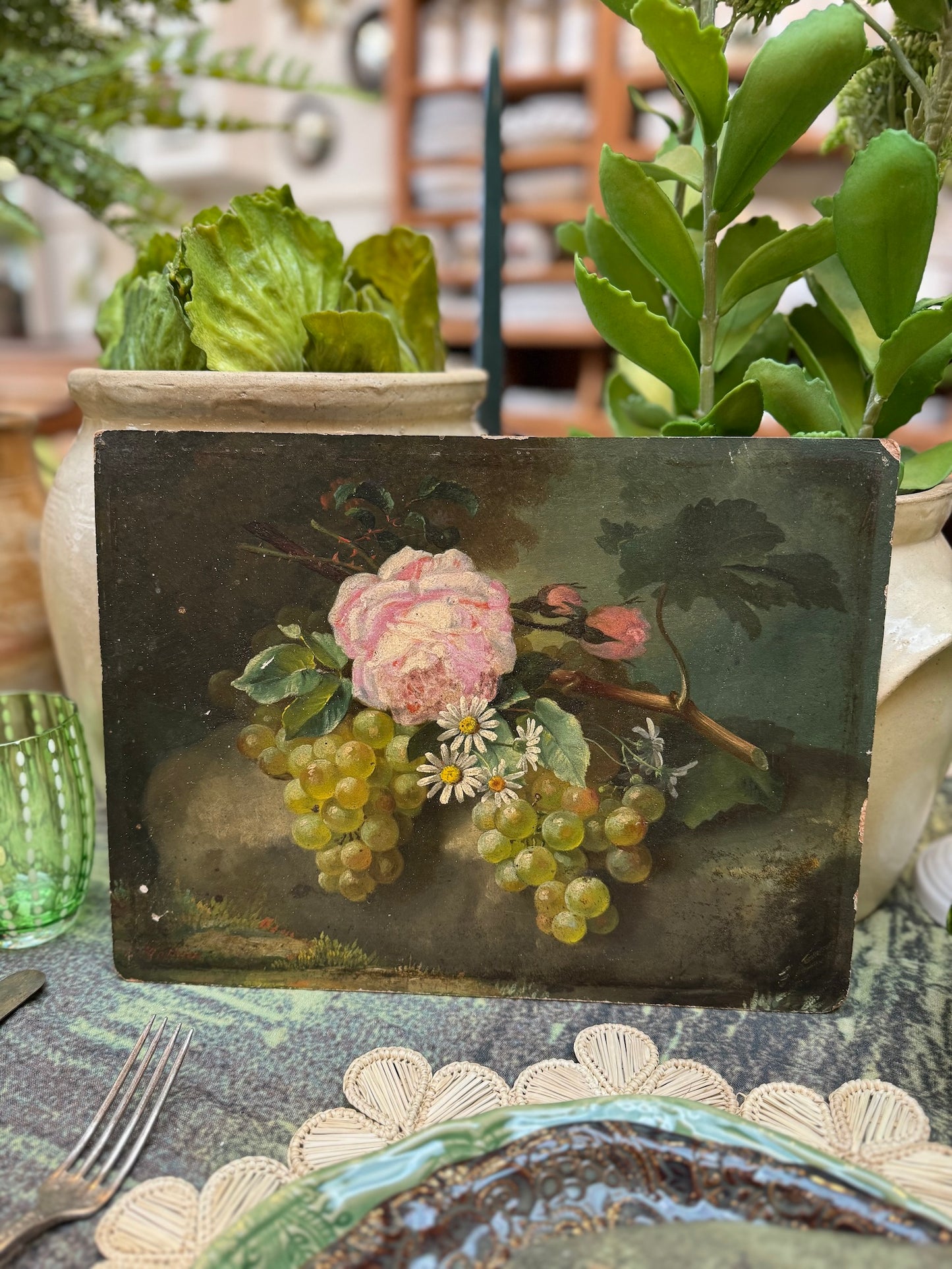 Antique European Still Life Flower Arrangement Painting