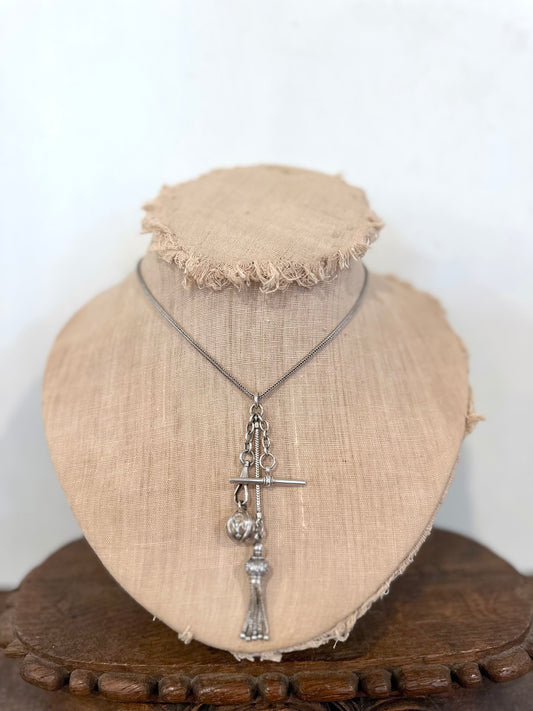 Antique French Silver Necklace With Fob Ball And Tassel Charms