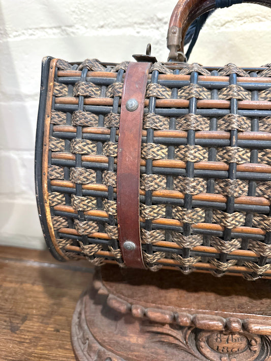 Antique French Large Woven Basket With Leather Straps