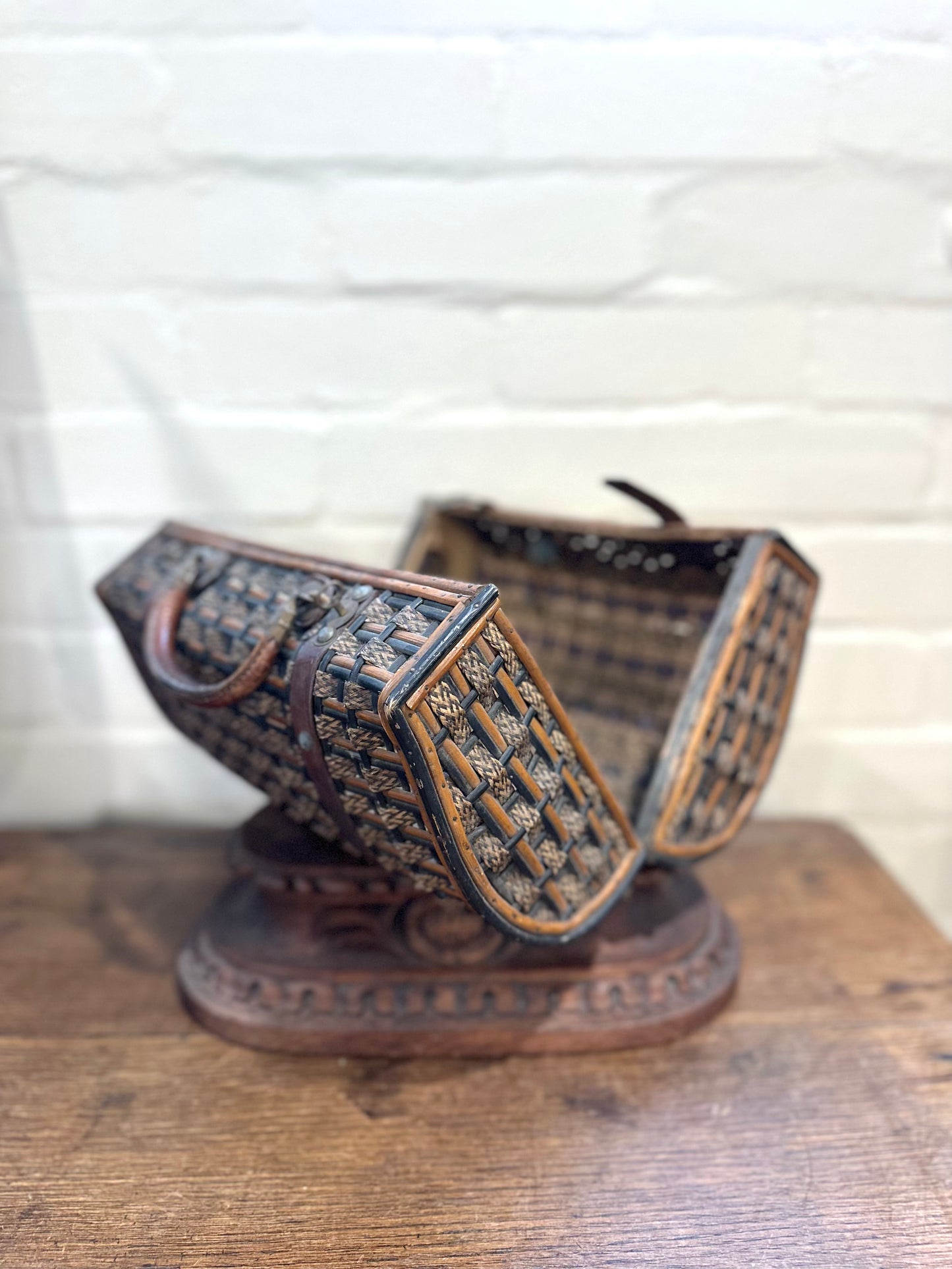 Antique French Large Woven Basket With Leather Straps