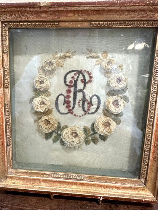 Antique French Delicate Monogram Embroidered Bead Work In Frame