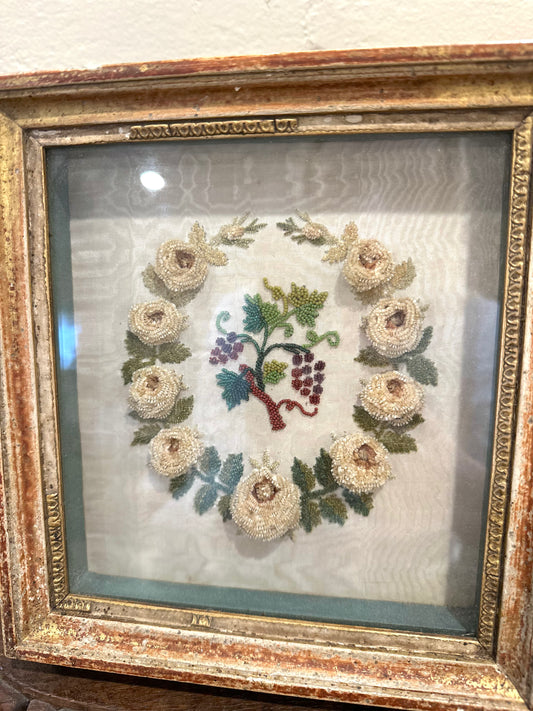 Antique French Delicate Grapevine Embroidered Bead Work In Frame