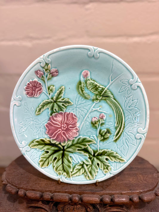 Antique French Majolica Blue Flower And Bird Plate