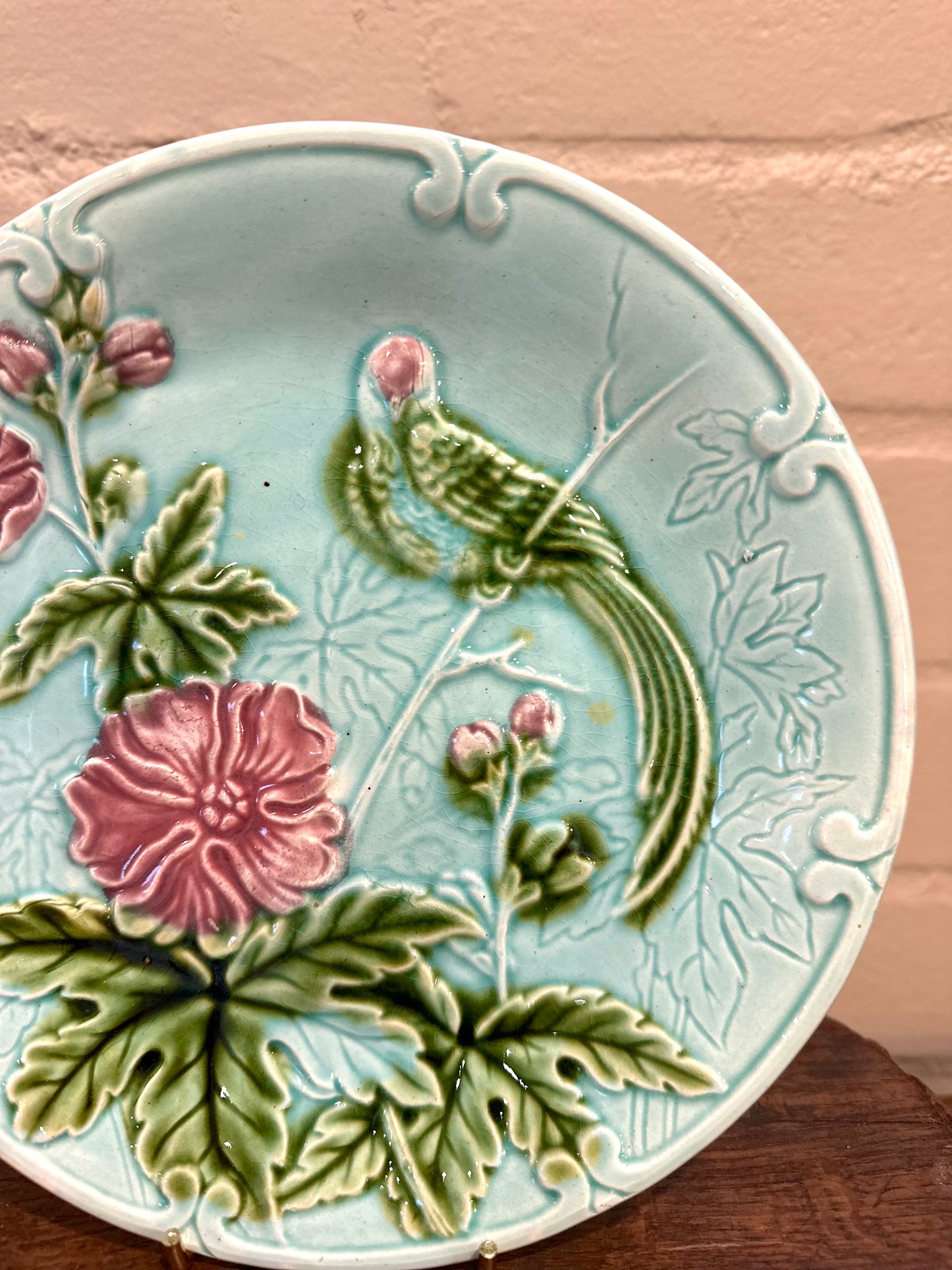 Antique French Majolica Blue Flower And Bird Plate
