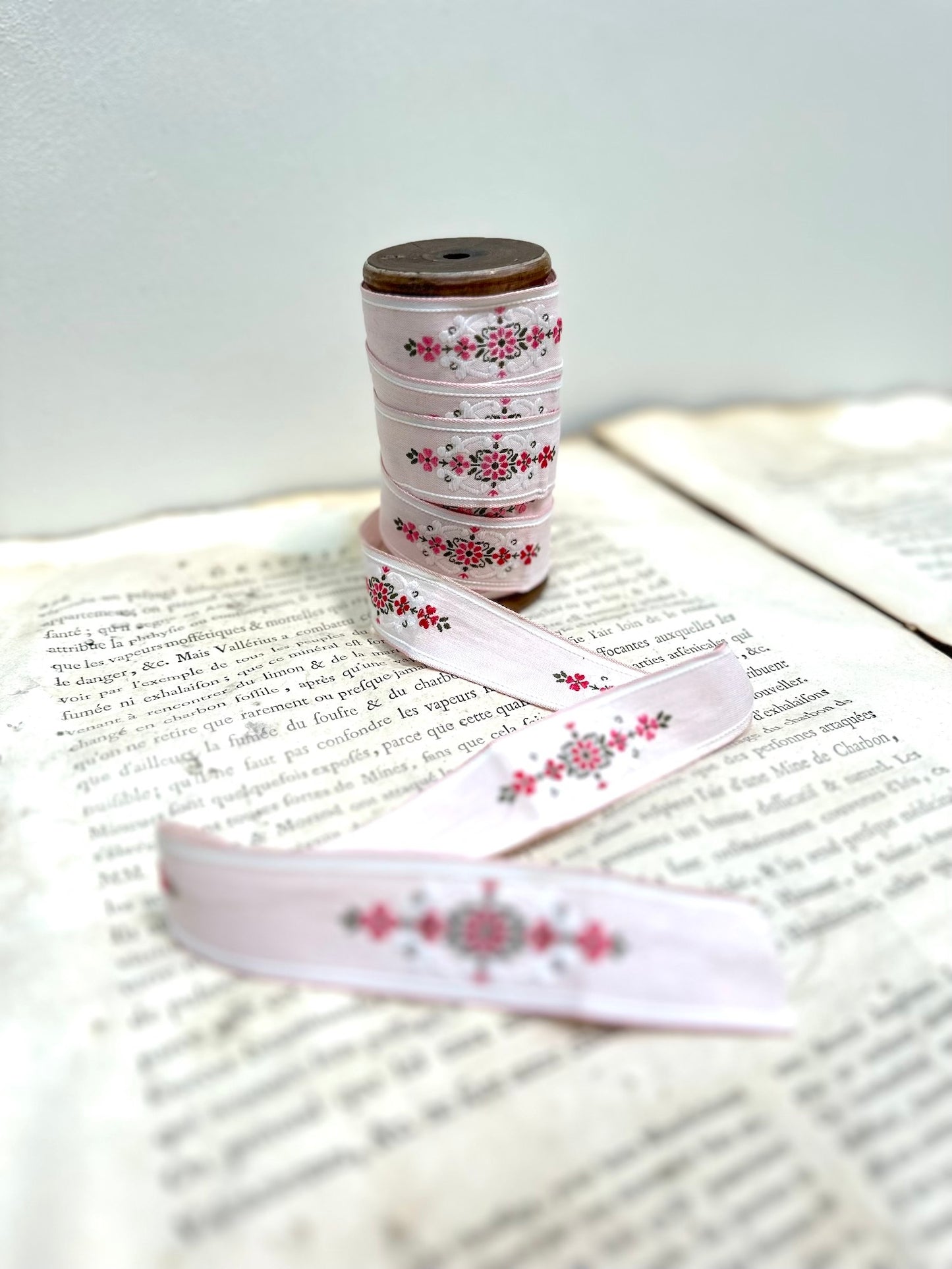 Vintage French Embroidered Floral Ribbon - Pink