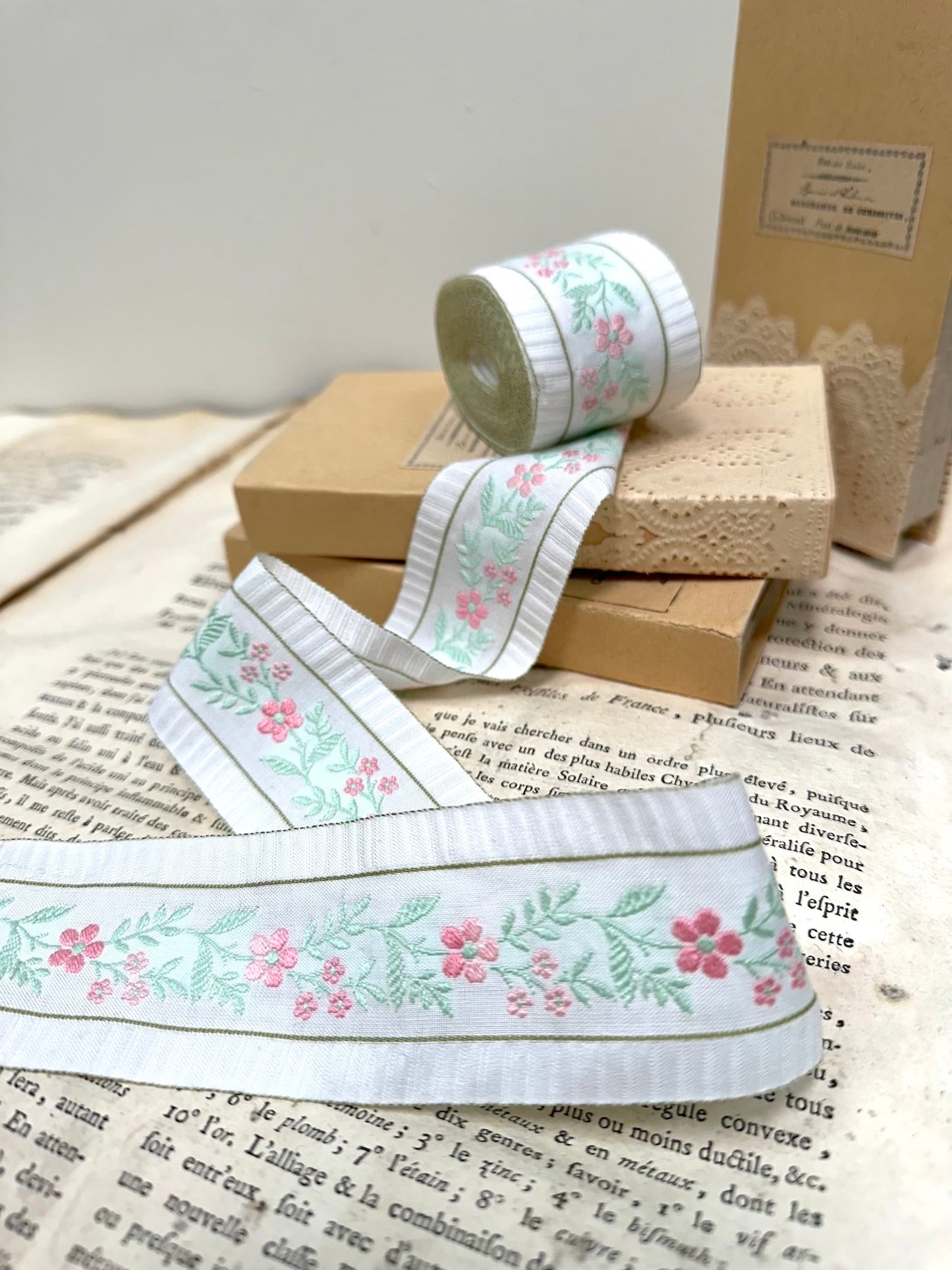 Vintage French Embroidered Floral Ribbon - Soft Green & Pink