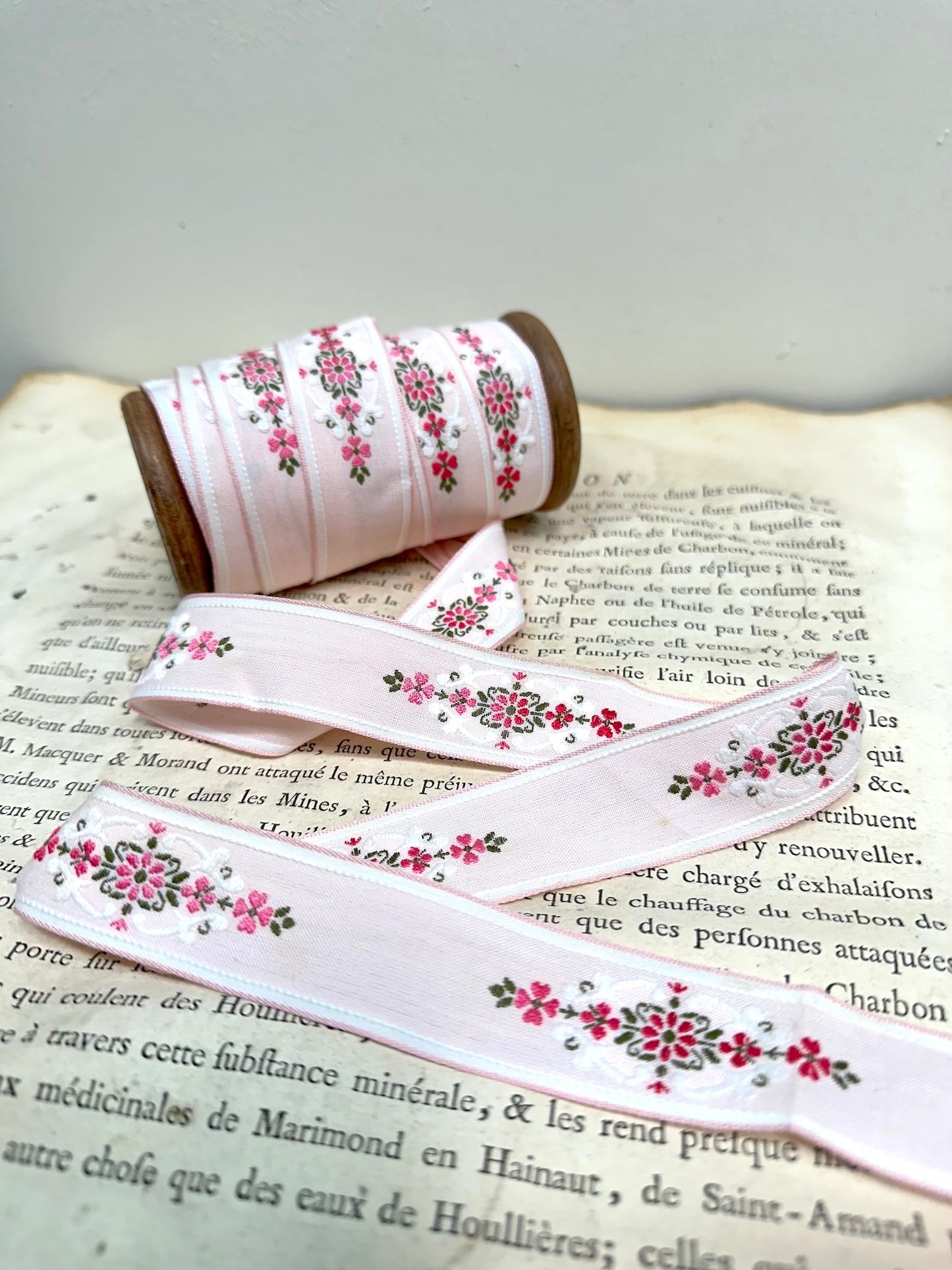 Vintage French Embroidered Floral Ribbon - Pink