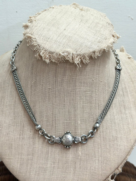 Antique French Silver Necklace With Fob Watch Chain