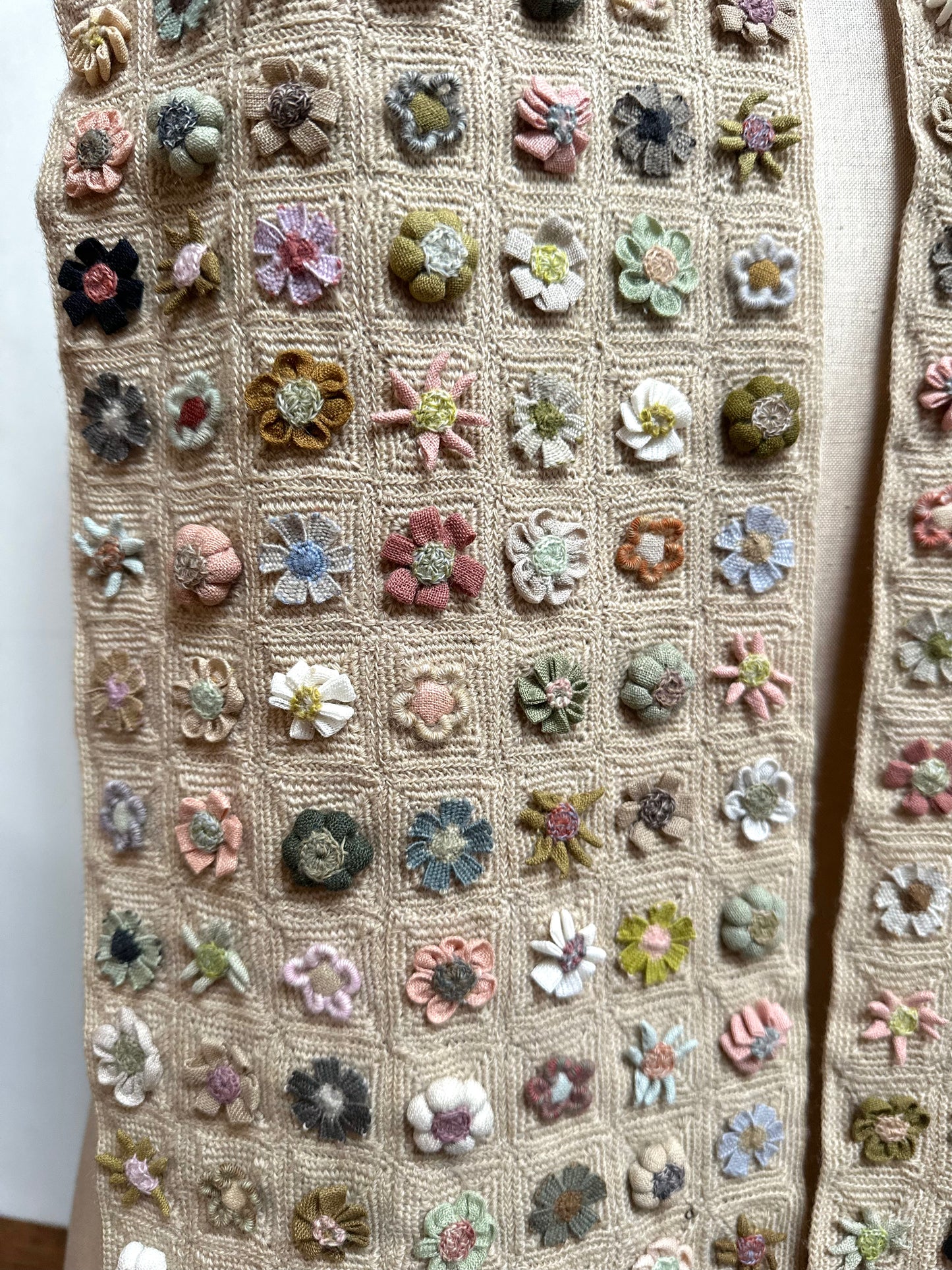 Sophie Digard Biscuit Crochet Wool Scarf With Geometric Floral Applique