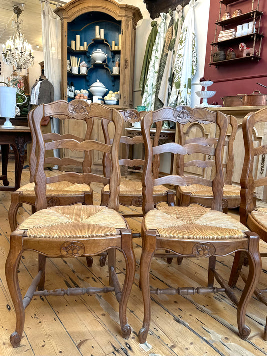 Set of 6 Antique French Oak Farmhouse Dining Chairs