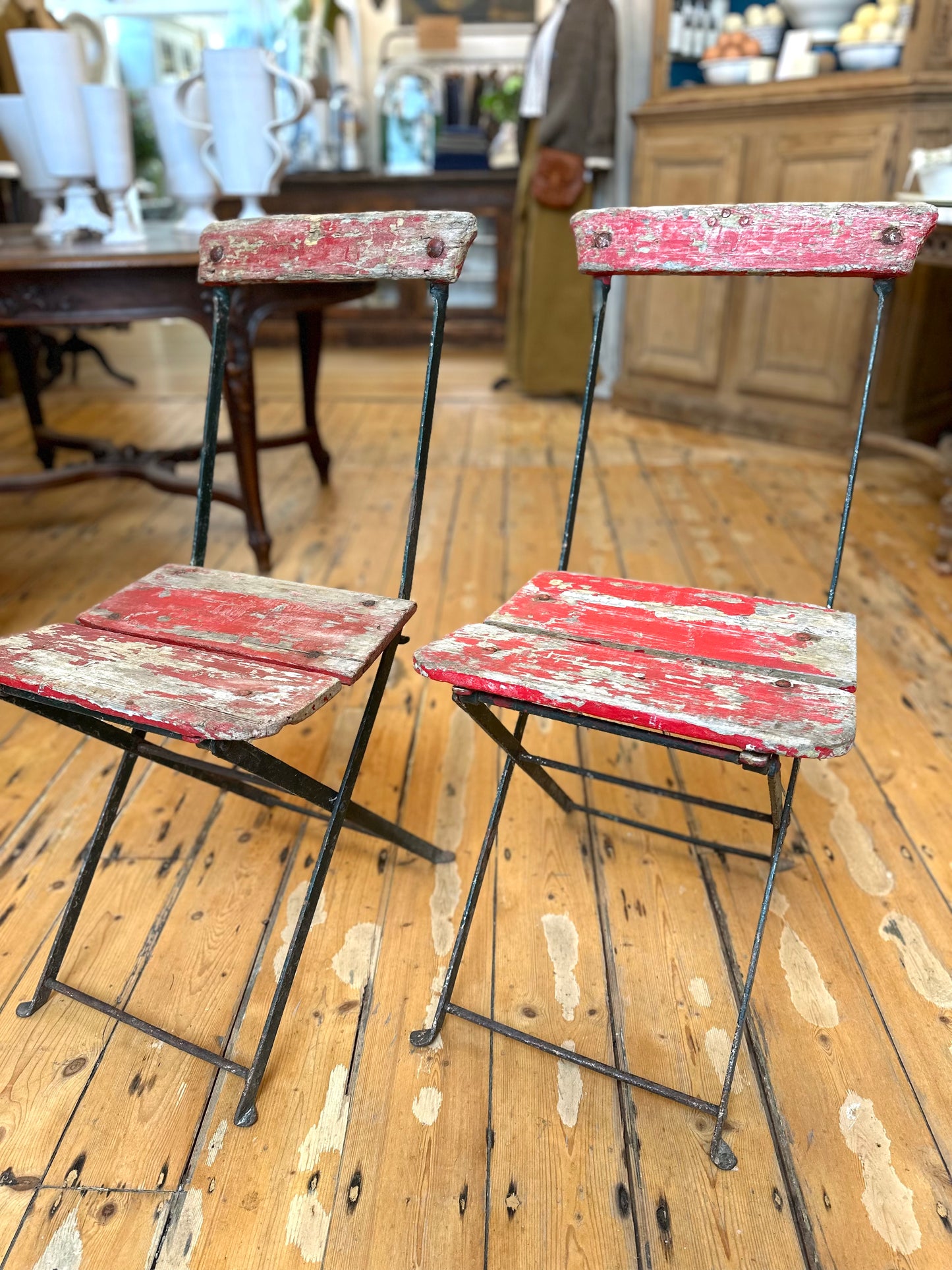 Antique French Pair Of Painted Red Outdoor Folding Chairs