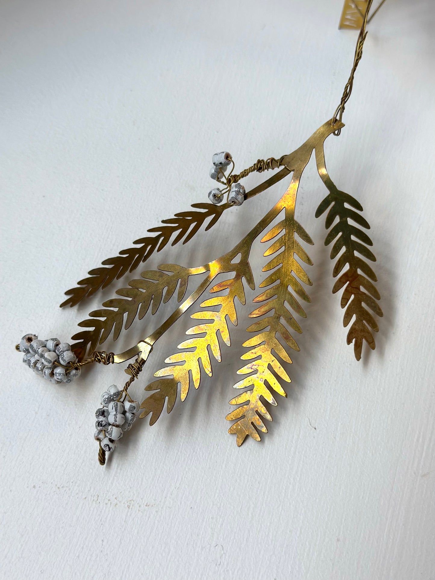 Walther & Co. Brass Pine Branch Ornament With White Berries
