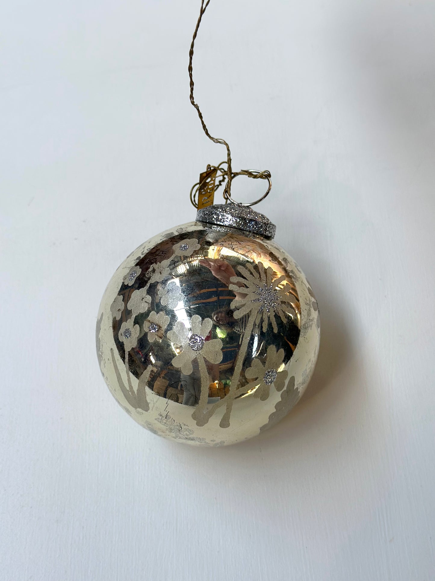 Walther & Co. Medium Antique Silver Glass Ball - Etched Flower