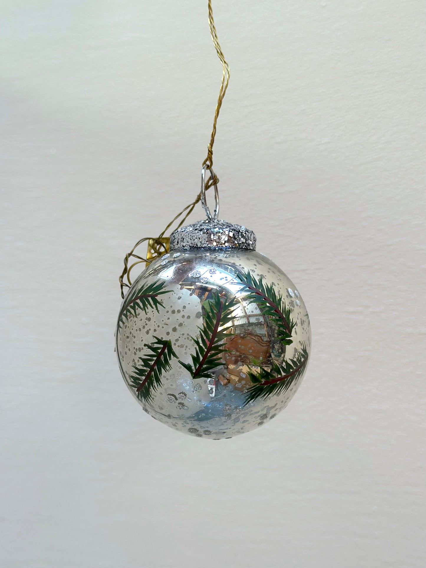 Walther & Co. Small Antique Silver Glass Ball - Pine Twigs & Glitter Snow