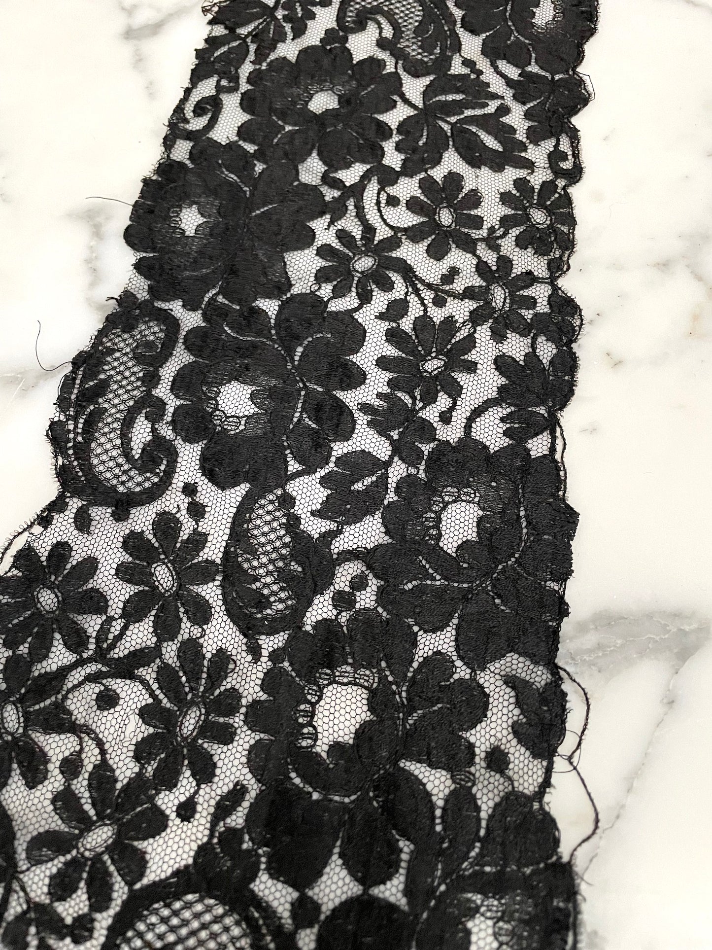 Antique French Black Wide Floral Lace Piece