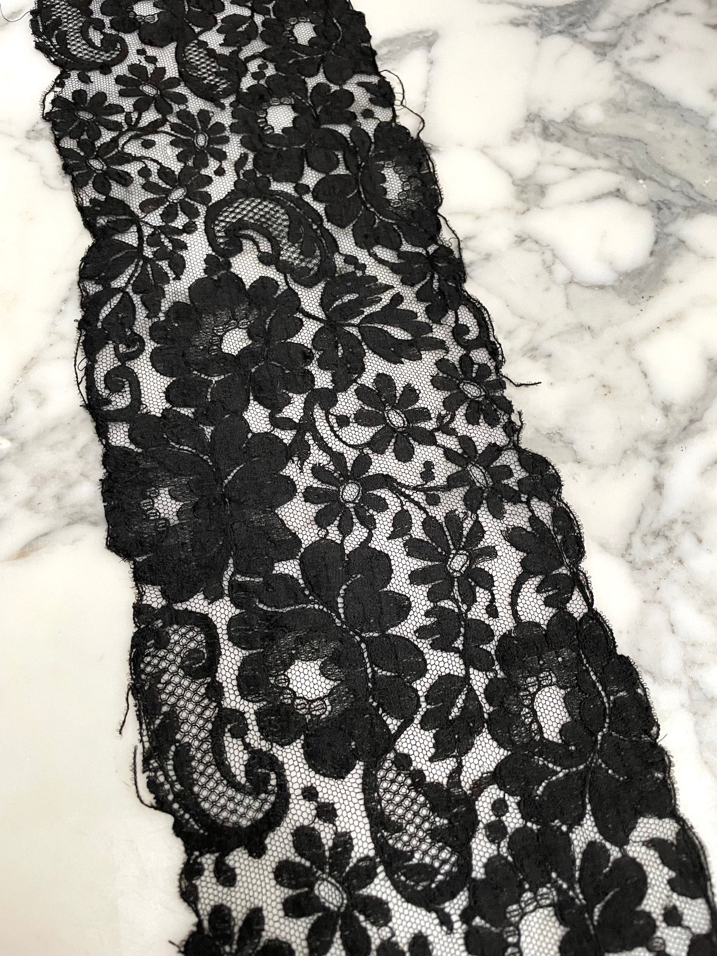 Antique French Black Wide Floral Lace Piece