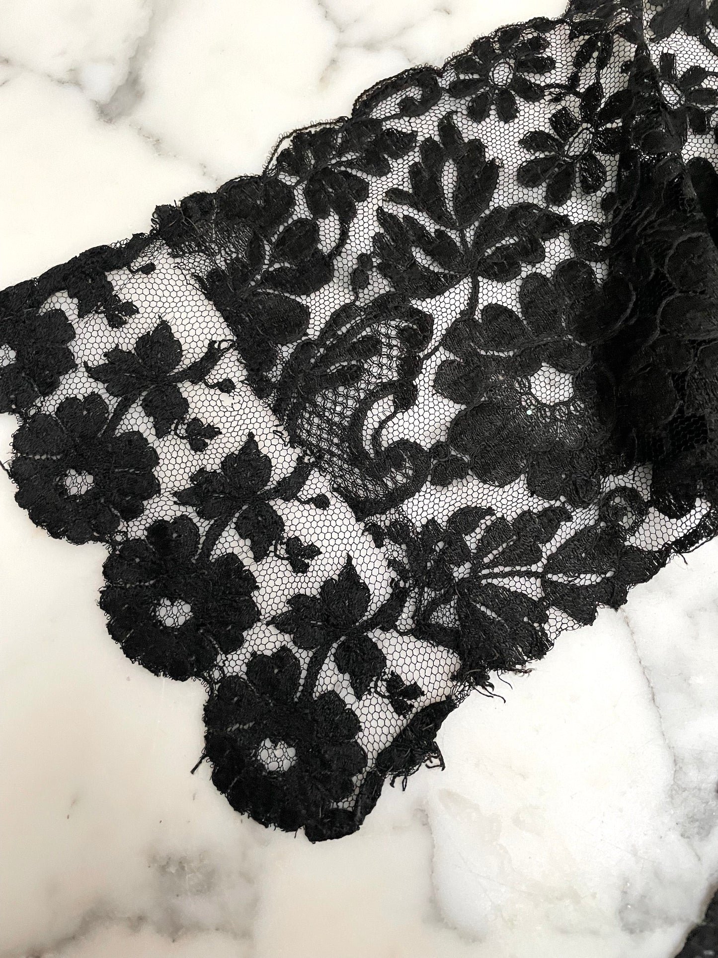 Antique French Black Wide Floral Lace Piece