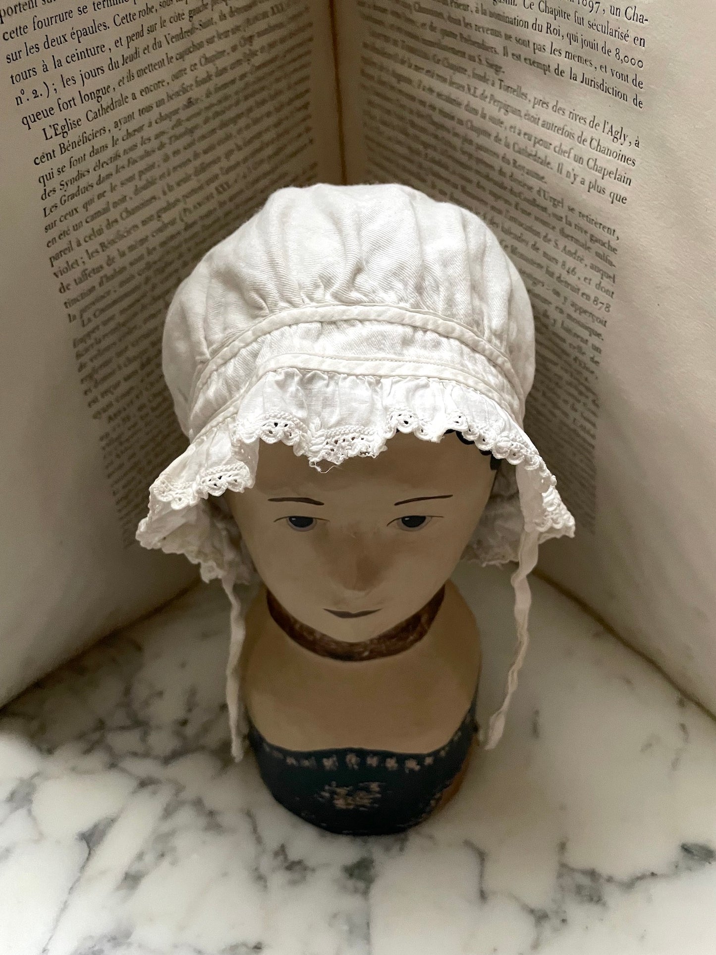 Antique French Lace Trimmed Cotton 'Mob cap' - I