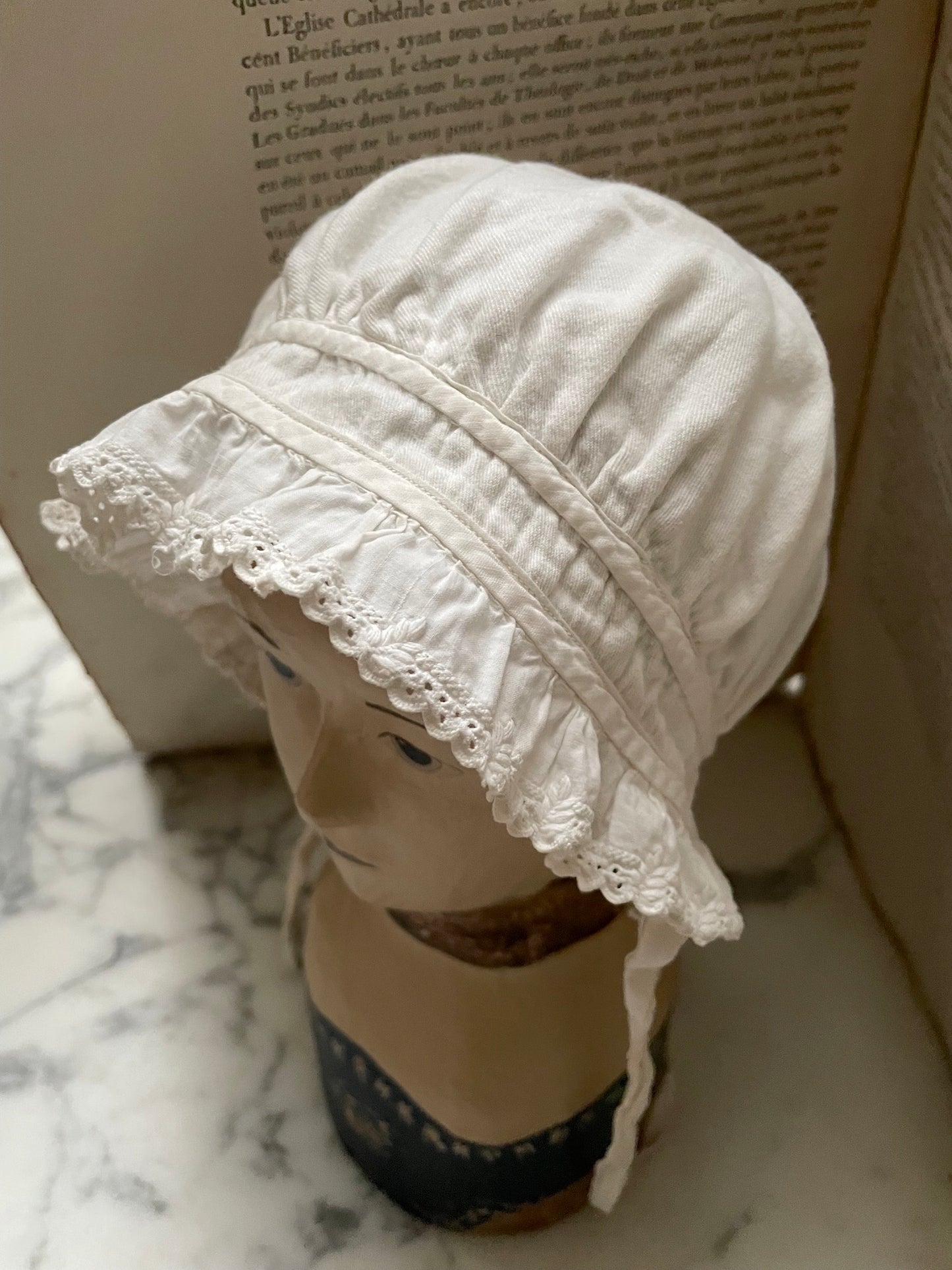 Antique French Lace Trimmed Cotton 'Mob cap' - I