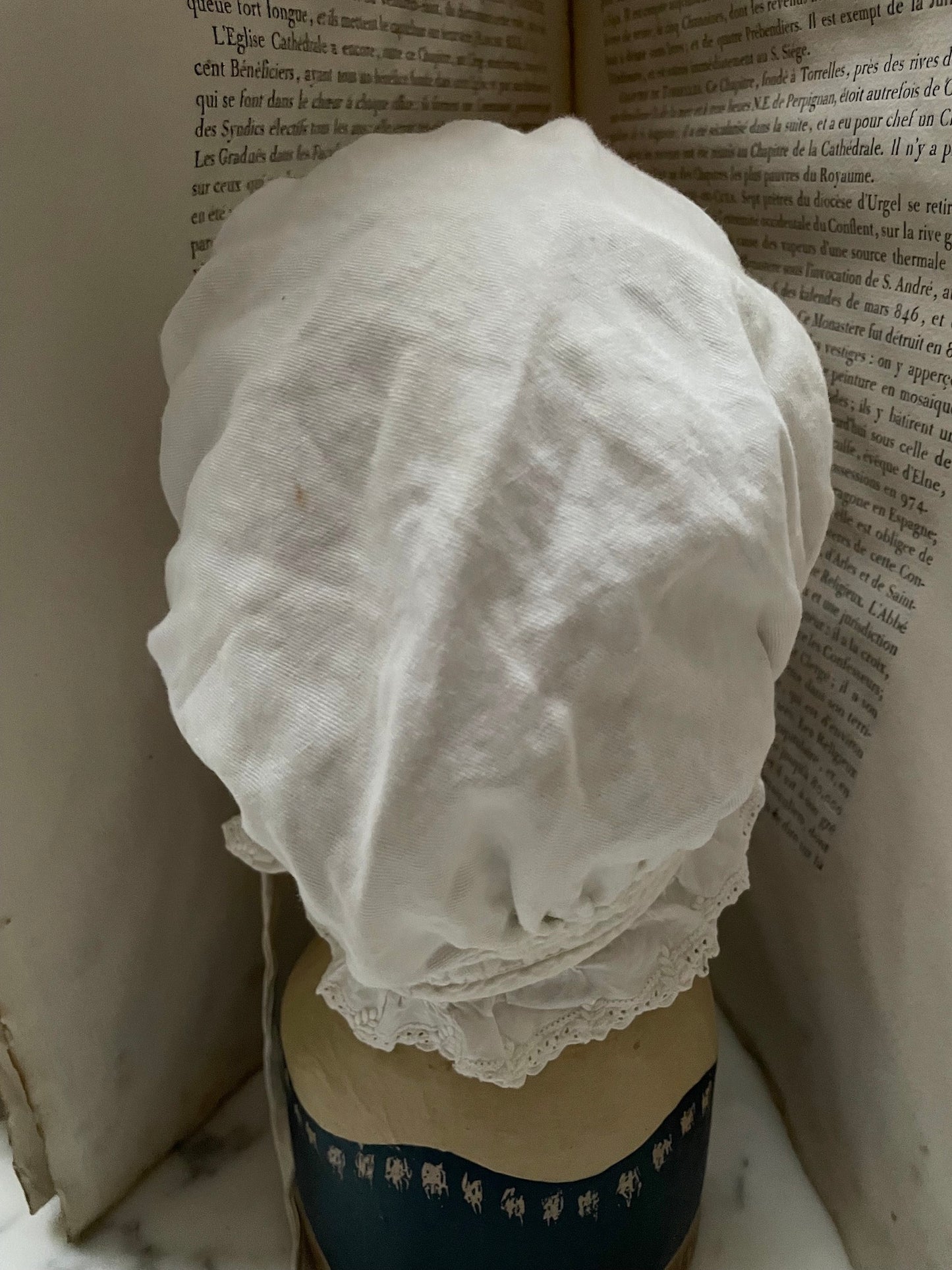 Antique French Lace Trimmed Cotton 'Mob cap' - I