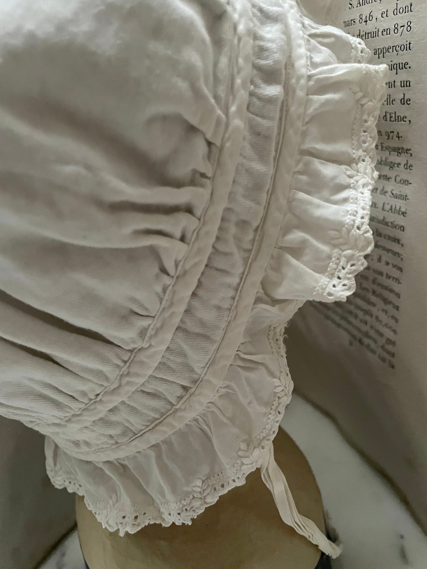 Antique French Lace Trimmed Cotton 'Mob cap' - I