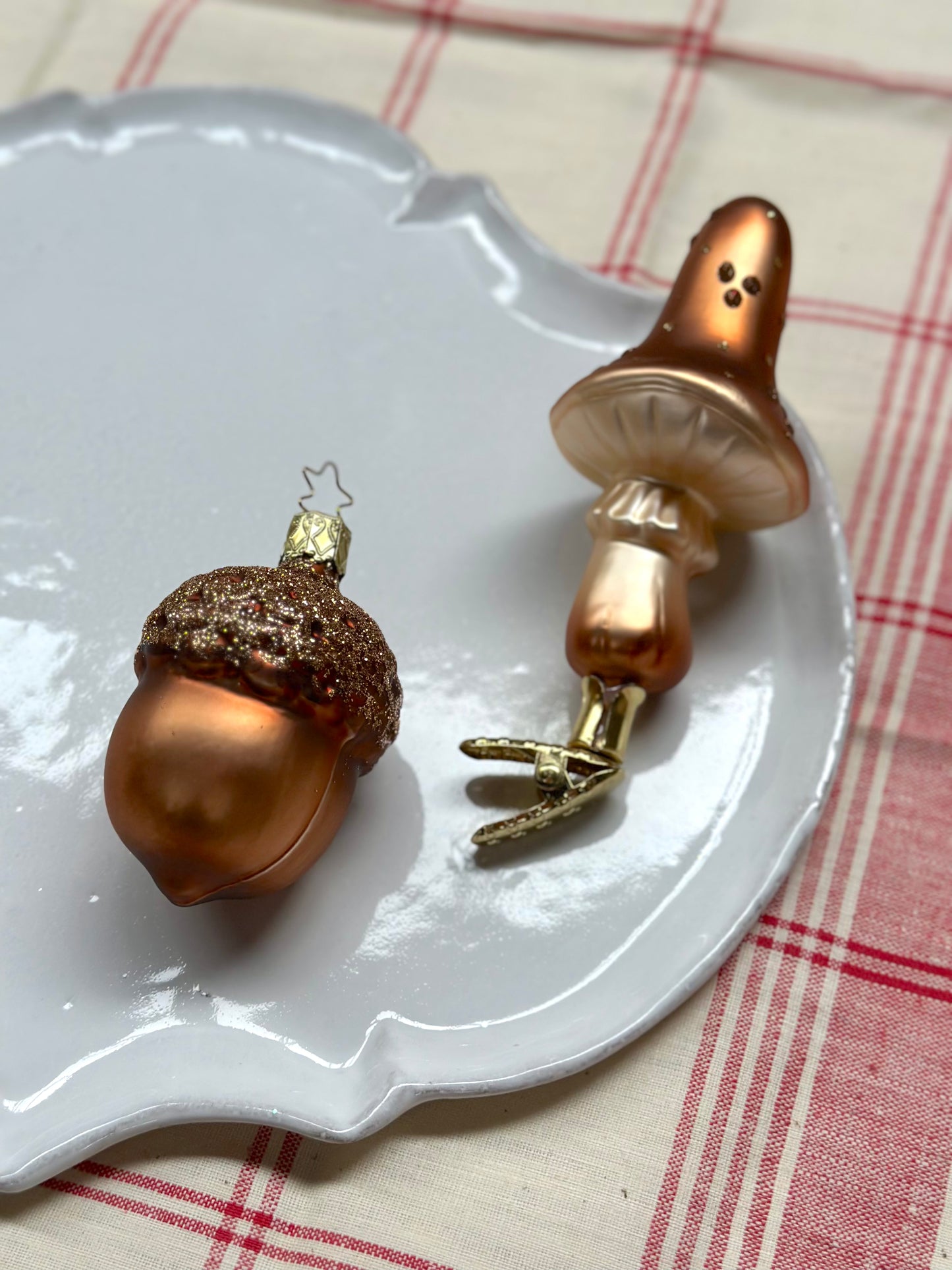 German Glass Christmas Ornament Set - Bronze Mushroom & Acorn