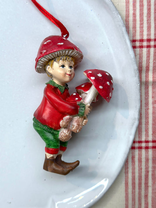 Mushroom Elves - Pair Hanging Ornaments - Woodland Christmas
