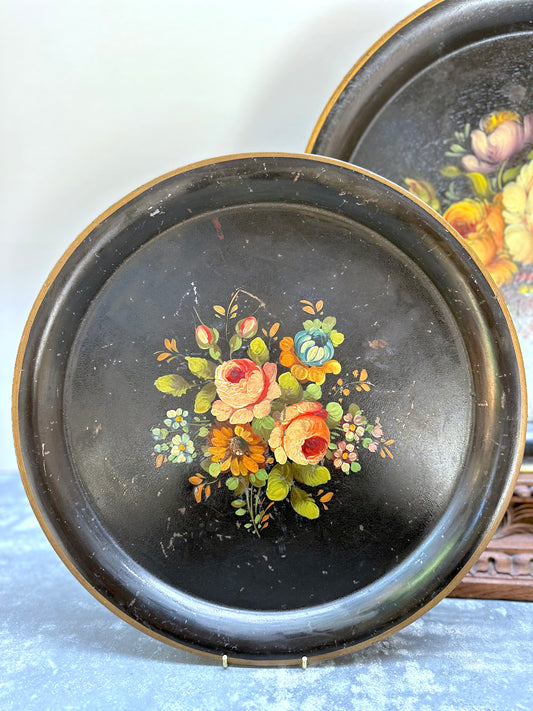Antique French Napoleon III Hand Painted Floral Trays