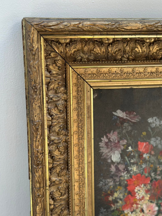 Antique European 'Wildflower Bouquet' Still Life Painting