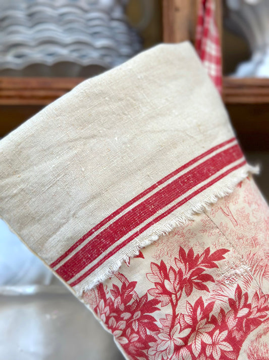Handmade Christmas Stocking With Antique French Fabric - Raspberry Toile