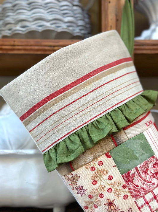 Handmade Christmas Stocking With Antique French Fabric - Red & Green Patchwork I