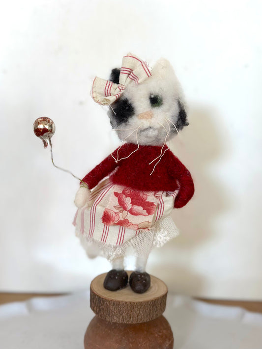 Hand Felted Festive Christmas Cat Or Bear With Antique French Fabrics