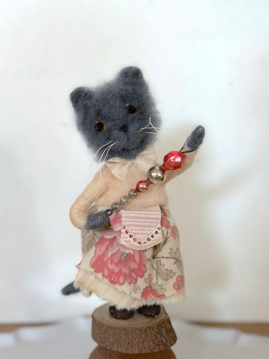 Hand Felted Festive Christmas Fox Or Cat With Antique French Fabrics